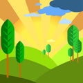 Drawing of green fields with trees and sunrise Royalty Free Stock Photo